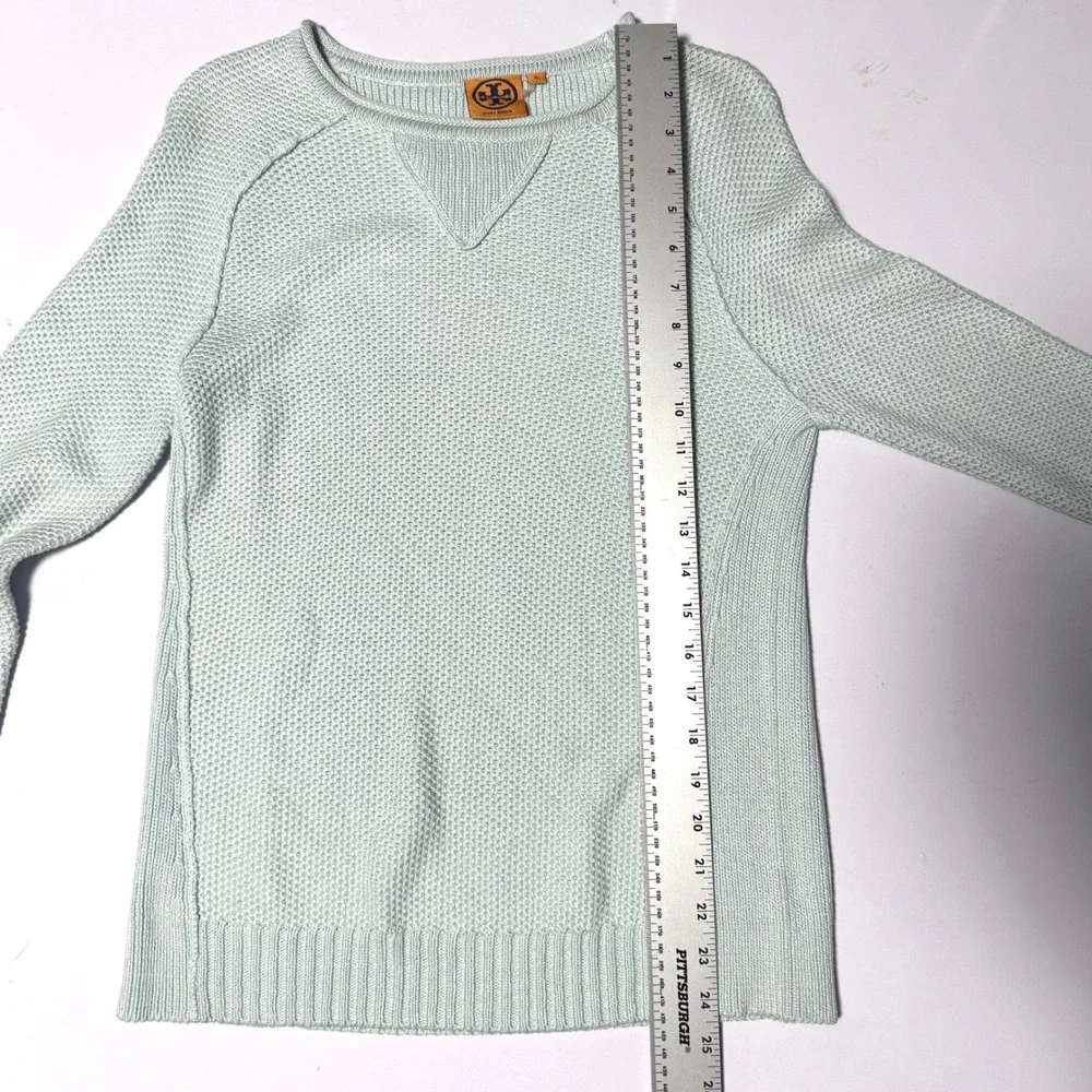 Tory Burch Crew Neck Waffle Knit Sweater Ice blue Raglan Sleeve Pullover Women M